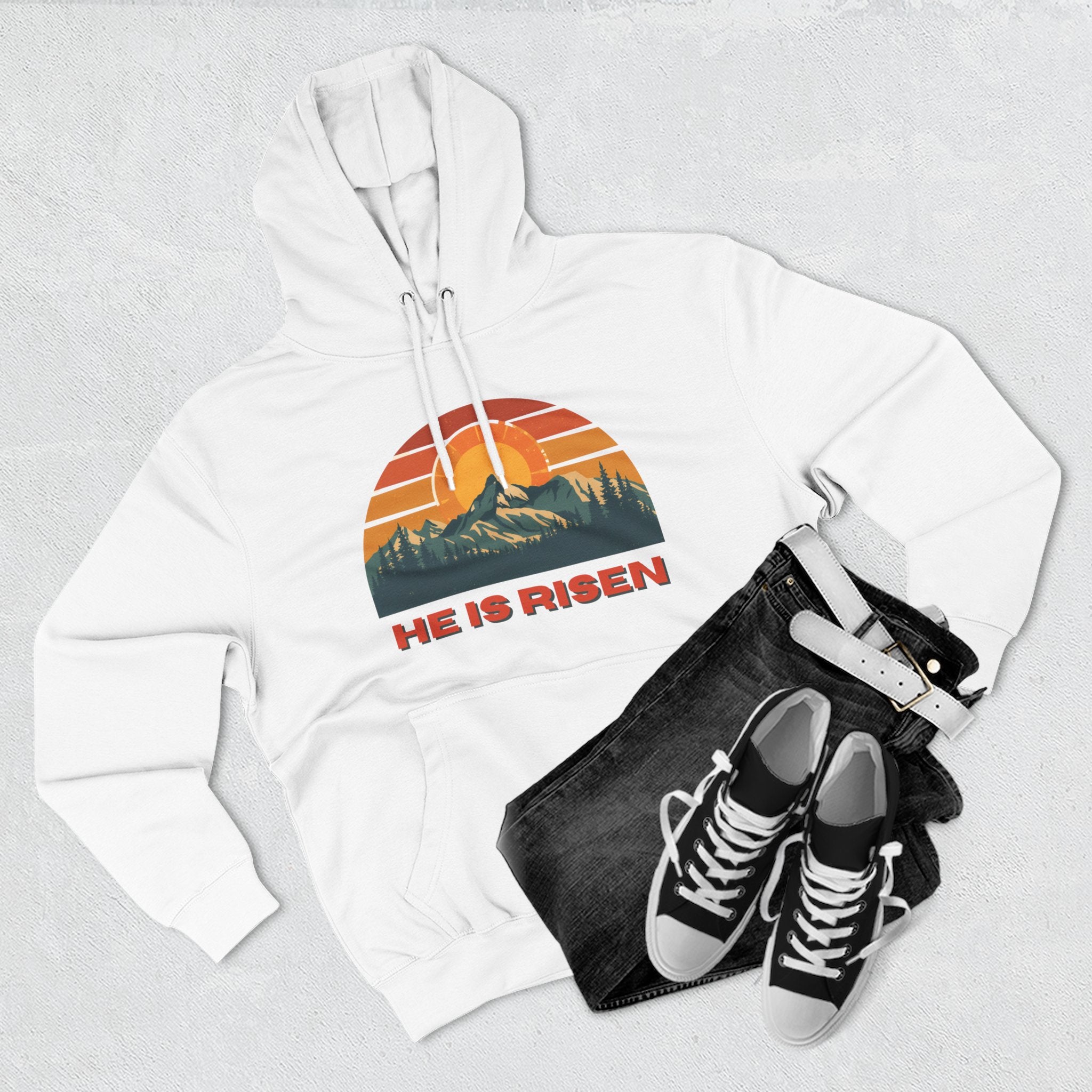 He Is Risen Hoodie - Retro Sunset Mountain Christian Pullover