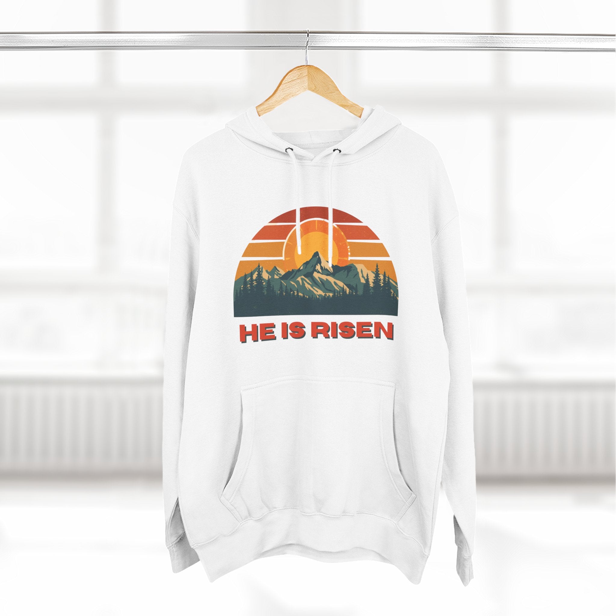 He Is Risen Hoodie - Retro Sunset Mountain Christian Pullover